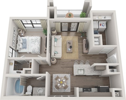 Floor plan for 1 bed, 1 bath, 737 sqft